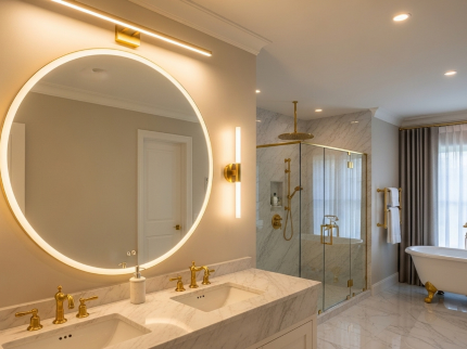 Finished bathroom remodel with lighting and accessories